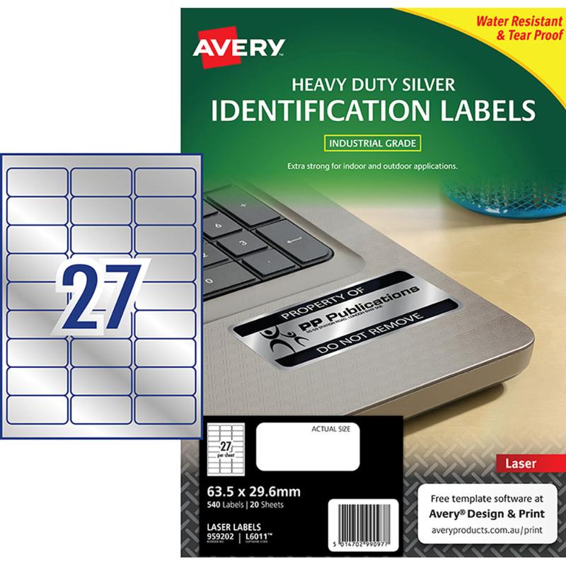 Avery Heavy Duty ID Label L6011 Silver Laser 63.5x29.6mm 27up 20 Sheets