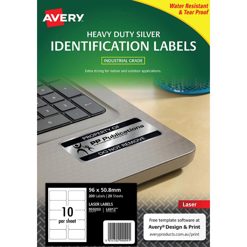 Avery Heavy Duty ID Label L6012 Silver Laser 96x50.8mm 10up 20 Sheets