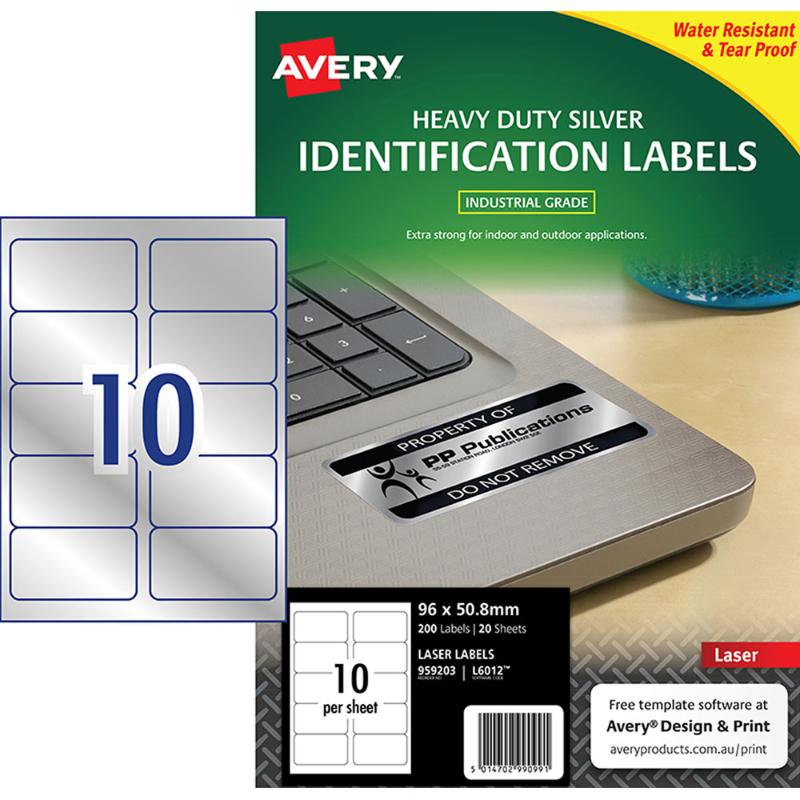 Avery Heavy Duty ID Label L6012 Silver Laser 96x50.8mm 10up 20 Sheets