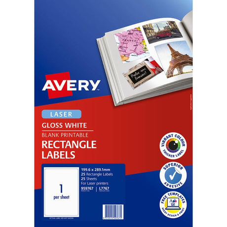 Glossy white Avery labels (199x289mm) for color laser printers, 25 sheets, ideal for professional and personal labeling projects.