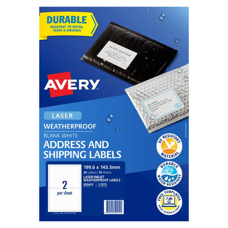 Avery Weatherproof Label L7072, 199.6x143.5mm, 20 durable, UV-resistant labels on 10 sheets ideal for shipping and packaging.