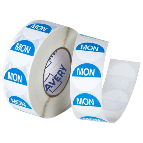 Round blue and white Avery labels for food storage, 24mm, 1000 per roll, with removable adhesive and discard date visibility.