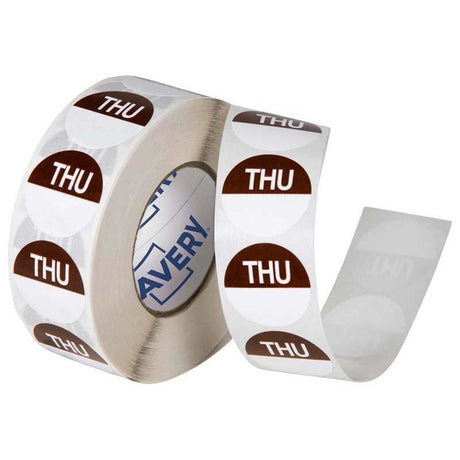 Avery Thursday Round Day labels, 24mm, brown and white, 1000 roll for food storage dating and organization.