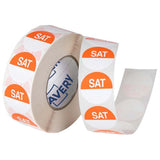 Round orange and white Avery labels, 24mm, for marking food discard dates, featuring removable adhesive and durable paper.