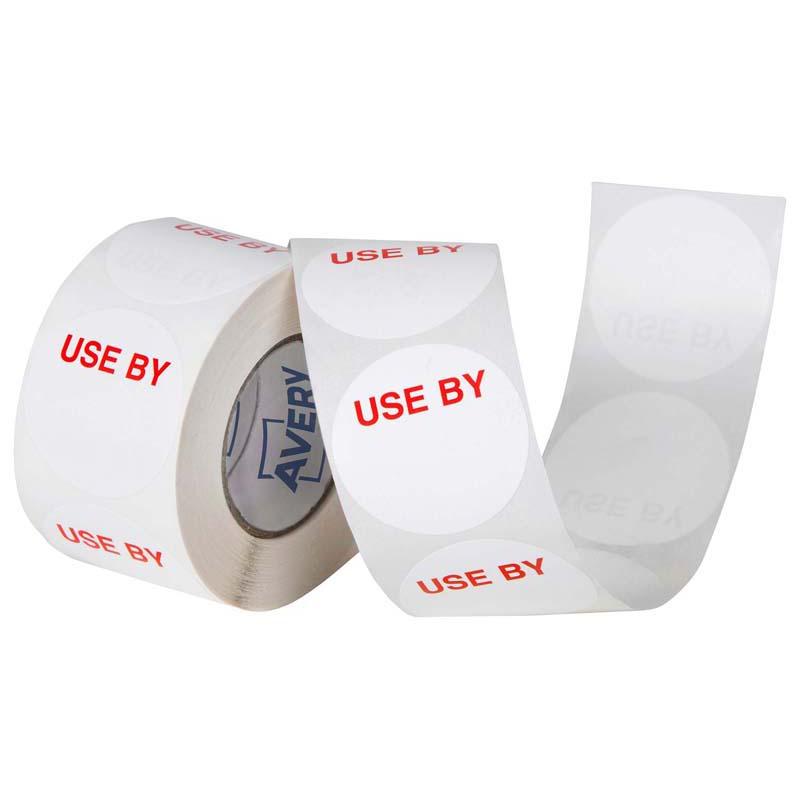 Round white labels with bold red text for food expiration, ideal for kitchens, refrigerators, and food safety compliance.