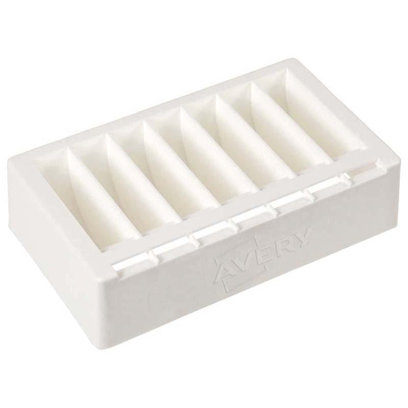 White plastic dispenser for 24mm round day labels, ensuring organized and accessible label storage in the kitchen.