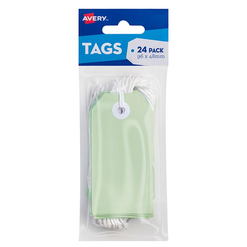 Pastel green tags in a 24-pack, 48x96mm, with reinforced holes and durable twine for crafting and organizing needs.