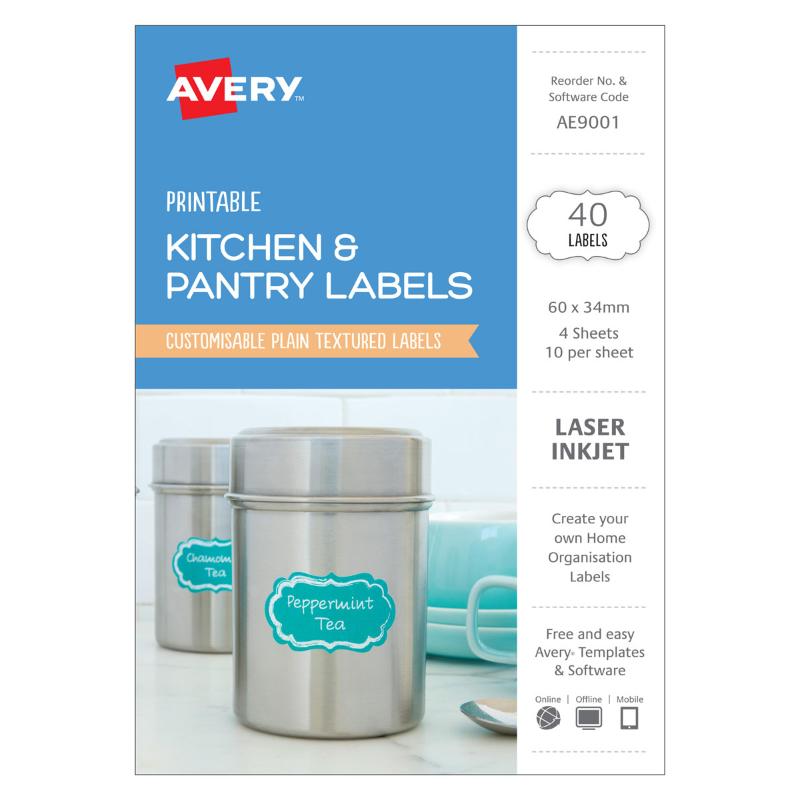 Avery Kitchen & Pantry Labels in oval shape, 60x34mm, designed for stylish and water-resistant organization of food storage.