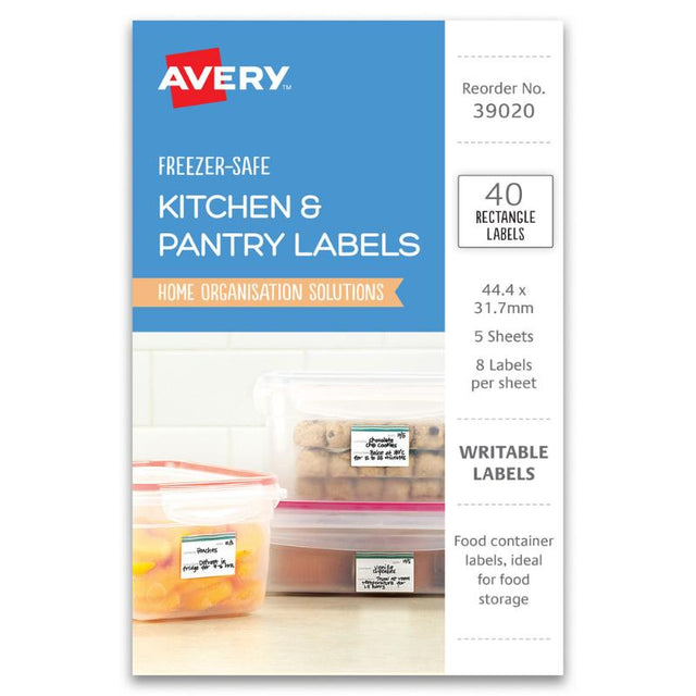 Avery freezer-safe labels for kitchen storage, 44x31mm, durable, moisture-resistant, ideal for jars and bags.