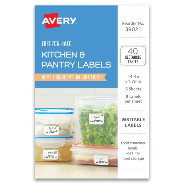 Avery Gingham Freezer Safe Labels in 44x31mm, 8-up sheets, designed for efficient kitchen organization and meal prep.