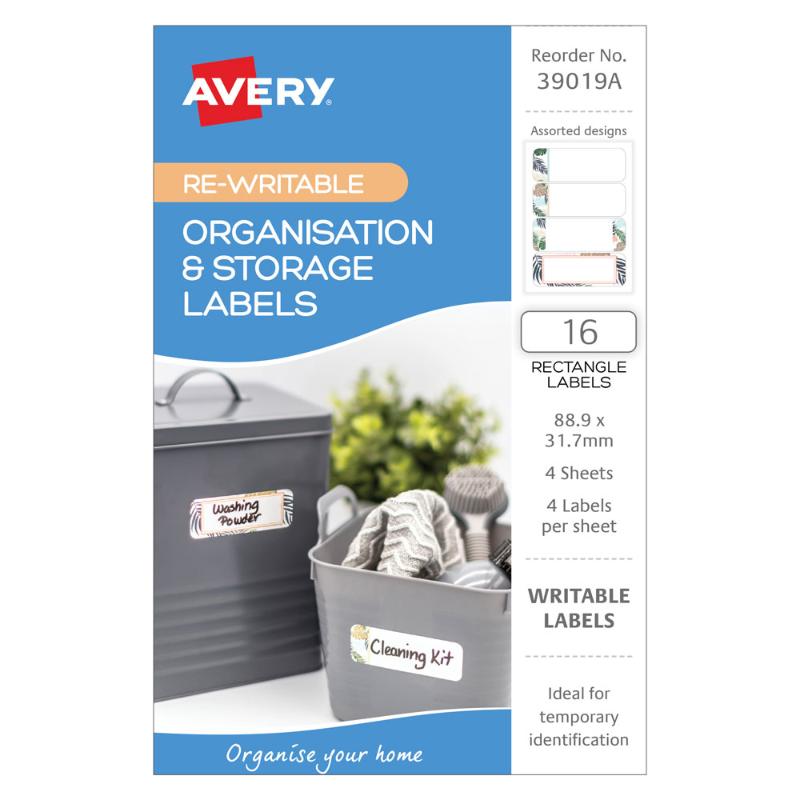 Avery Re-Writable Labels, 89x31mm, 4 sheets, ideal for easy labeling and updating with dry erase markers.