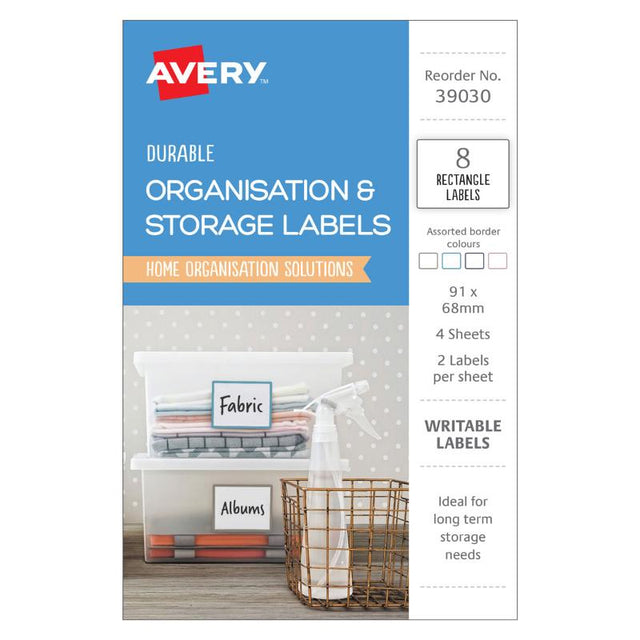 Avery Organisation & Storage Labels, 91x68mm, white, durable, water-resistant, ideal for long-term organization and labeling projects.