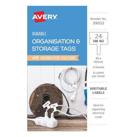 White Avery Organisation & Storage Tags on 6-up sheets, durable, water resistant, ideal for long-term identification and easy updates.