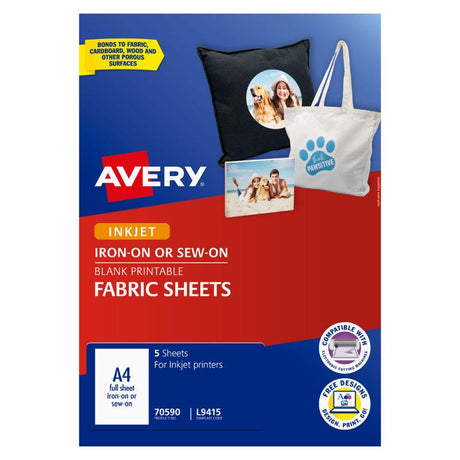 Avery Printable Fabric Sheets A4 pack of 5, ideal for customizing t-shirts, tote bags, and more with durable, high-quality fabric.