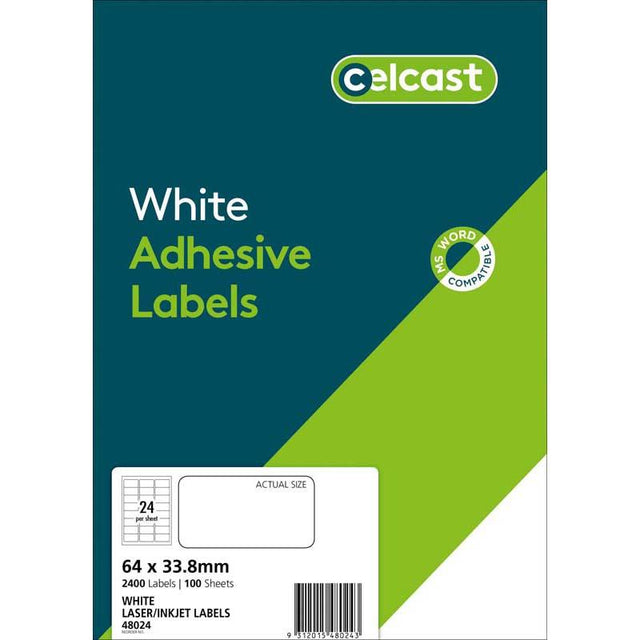 White Celcast labels 64x33.8mm on A4 sheets for printing, ideal for organization, shipping, and crafts, 2400 labels total.