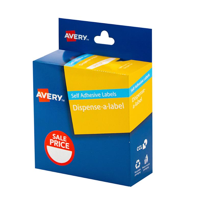 Avery Label Dispenser pack with 300 red and white 24mm labels featuring removable adhesive for easy repositioning.