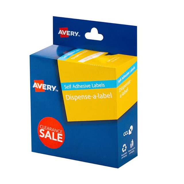 Avery 24mm red and white pre-printed labels in a 300 pack dispenser, perfect for retail and quick labeling tasks.