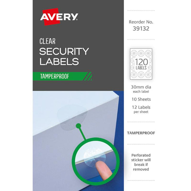 Clear tamper-proof labels, 30mm diameter, transparent polyester, 120 labels per pack, designed for security.