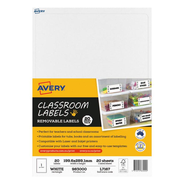 Avery Classroom Labels, 1up design, 20 sheets, customizable for organizing classroom supplies and activities.