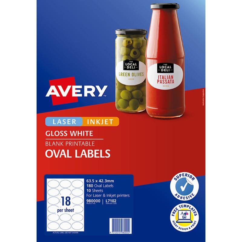 Avery Label L7102 Oval White Glossy 18up 10 Sheets 63x42mm