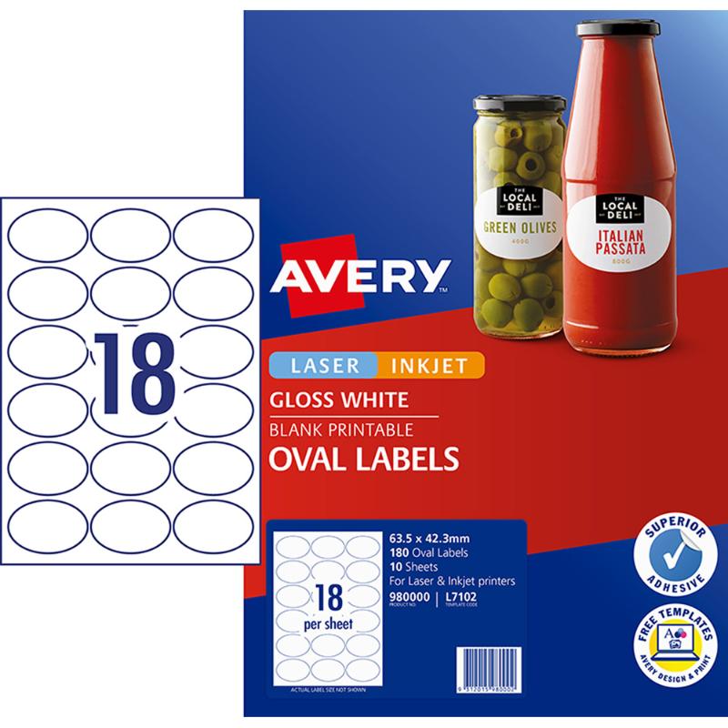 Avery Label L7102 Oval White Glossy 18up 10 Sheets 63x42mm