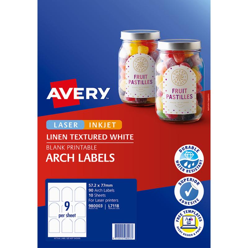 Avery Arched Textured Labels in white, featuring 90 durable, water-resistant labels on 10 sheets for elegant customization.