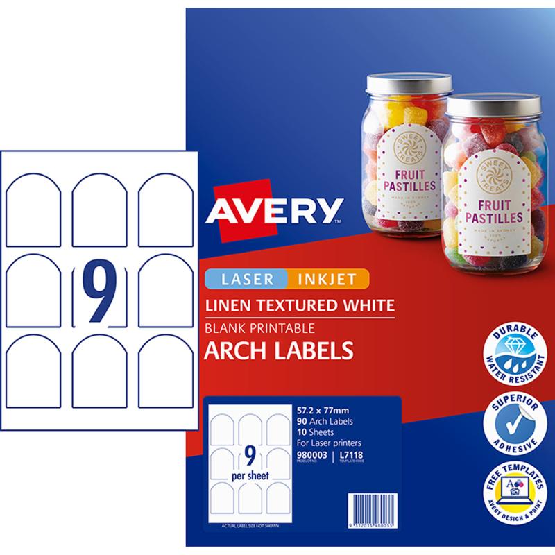 Avery arched textured labels in white, 90 labels total, ideal for branding with a unique finish and water-resistant durability.