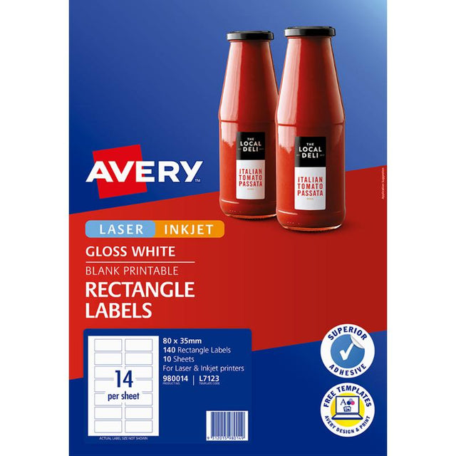 Glossy rectangular labels by Avery, 80x35mm, perfect for branding on various surfaces with strong adhesive.