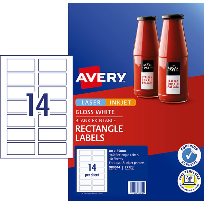 Avery L7123 glossy labels, 80x35mm, 14 per sheet, ideal for custom branding on various surfaces.