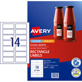 Avery L7123 glossy labels, 80x35mm, 14 per sheet, ideal for custom branding on various surfaces.