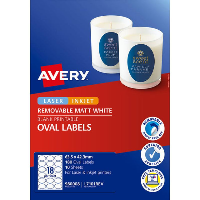 Oval white labels by Avery, perfect for branding and events, featuring removable adhesive; 180 labels on 10 sheets.