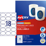 Avery L7101REV Oval White Labels, 180 matte labels on 10 sheets, ideal for branding and removable adhesion.