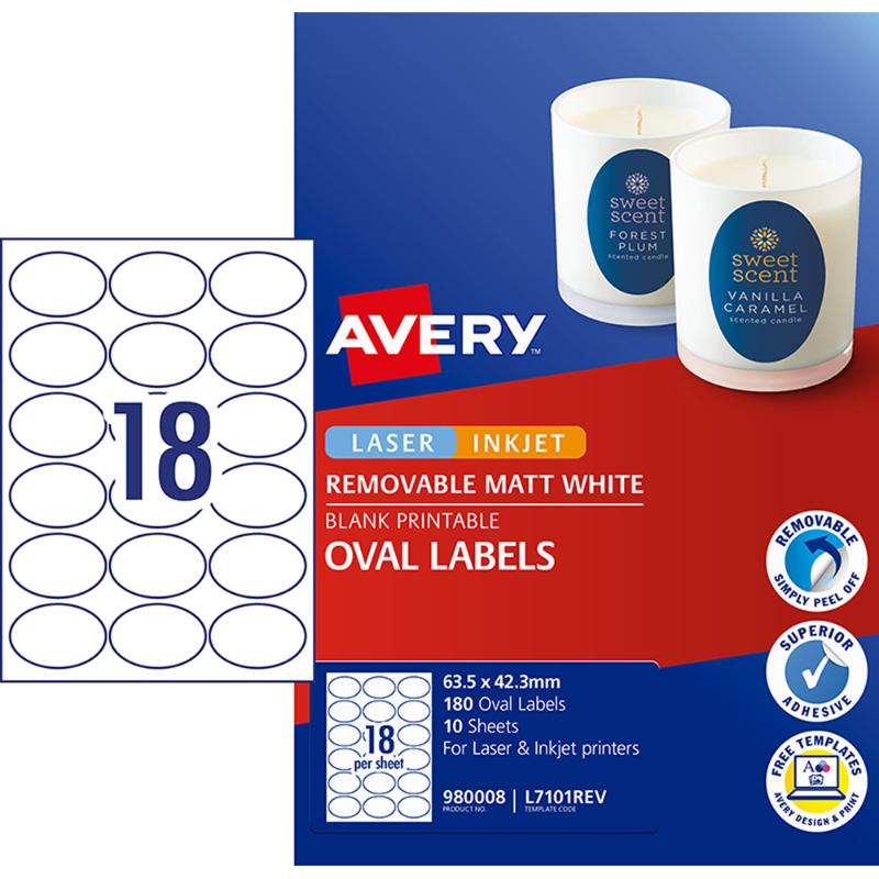 Avery Label L7101REV Oval White 18up 10 Sheets 63x42mm