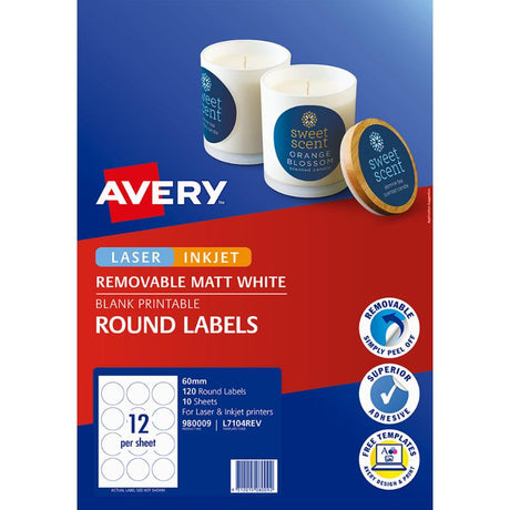 Round white Avery labels (60mm) for professional labeling, removable adhesive, compatible with laser and inkjet printers.