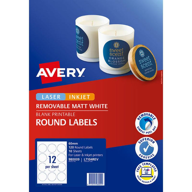 Round white Avery labels (60mm) for professional labeling, removable adhesive, compatible with laser and inkjet printers.