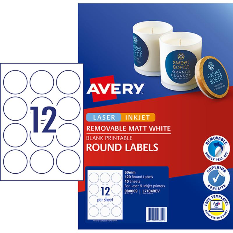 Avery Label L7104REV Round White 60mm 12up 10 Sheets