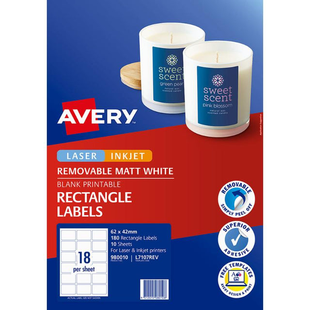 Avery L7107REV white labels, 62x42mm, 18 per sheet, removable adhesive, ideal for branding and temporary labeling.