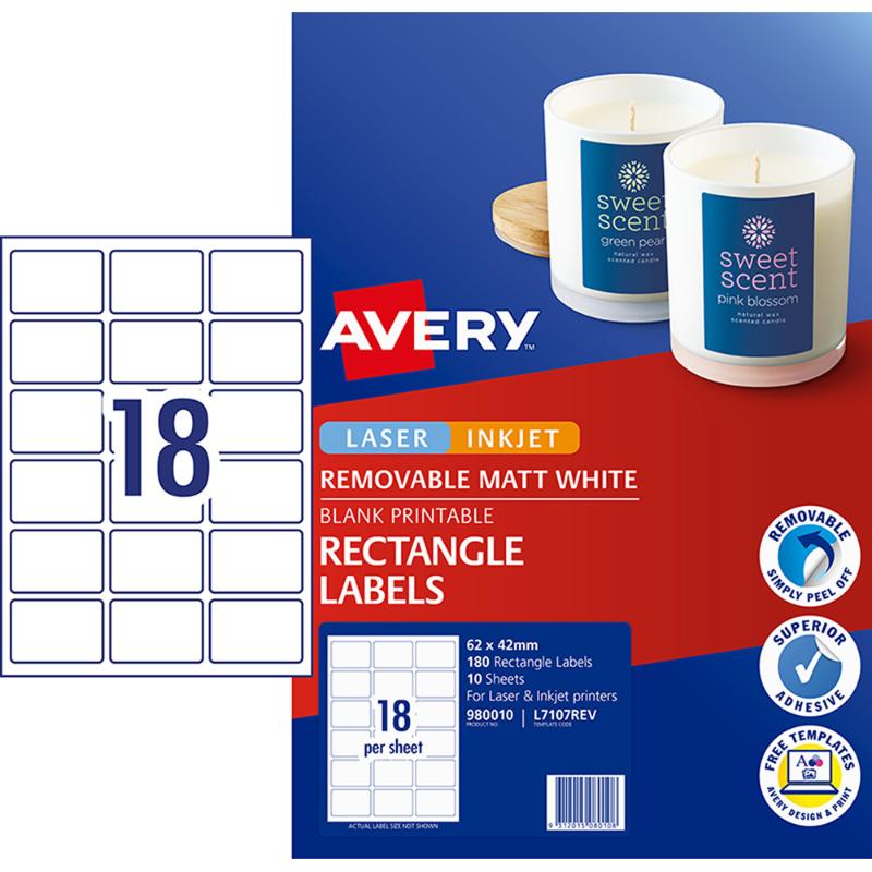 Avery L7107REV white labels, 62x42mm, 18 labels per sheet, ideal for branding and temporary labeling with removable adhesive.