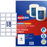 Avery L7107REV white labels, 62x42mm, 18 labels per sheet, ideal for branding and temporary labeling with removable adhesive.