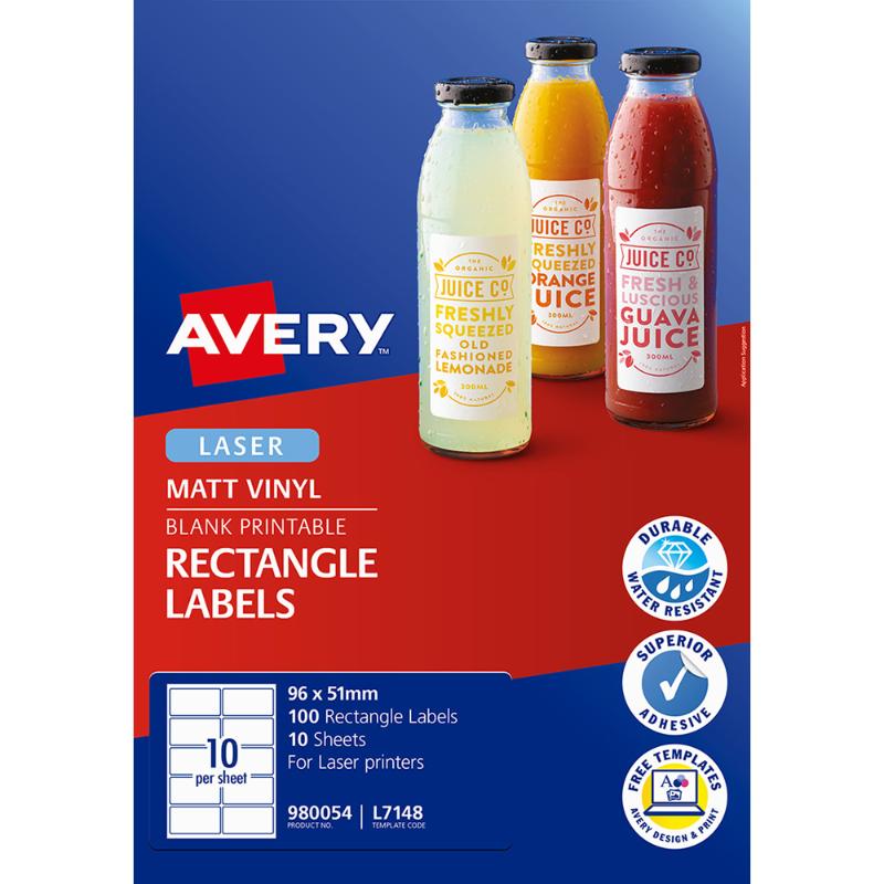 Avery Label Permanent Rectangular L7148 96x51mm 10up 10 Sheets