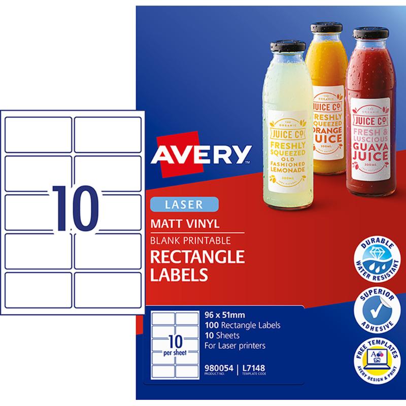 Avery Label Permanent Rectangular L7148 96x51mm 10up 10 Sheets