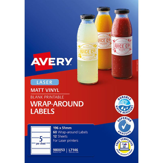 Avery L7146 White Laser Labels, 196x51mm, durable, water-resistant, and ideal for professional labeling tasks.