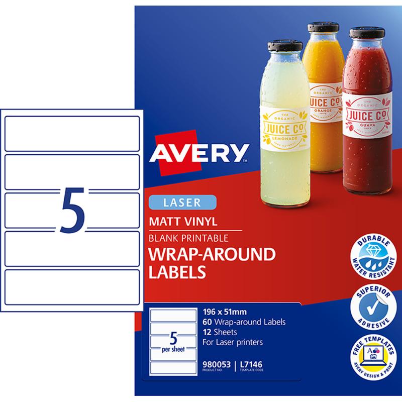 Avery L7146 durable white laser labels, 196x51mm, water-resistant with strong adhesive, ideal for versatile labeling projects.