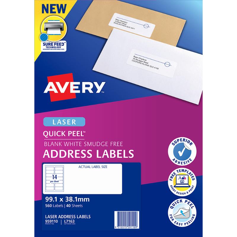 Avery Quick Peel Address Labels L7163 White 99.1x38.1mm 14up 40 Sheets