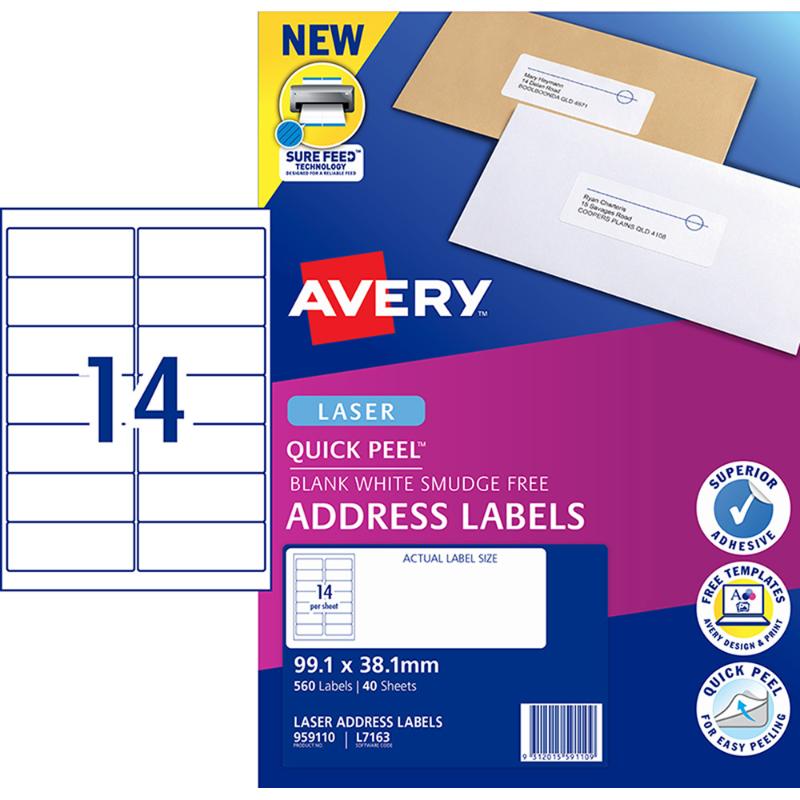 White Avery Quick Peel Address Labels L7163, 99.1x38.1mm, 560 labels, easy to use, perfect for efficient mailing.