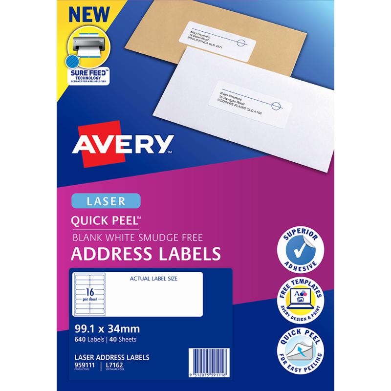 Avery Quick Peel Address Labels L7162 White 99.1x34 16up 40 Sheets