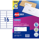 Avery Quick Peel Address Labels L7162, 640 white labels, 99.1x34mm, designed for easy printer feeding and quick detachment.