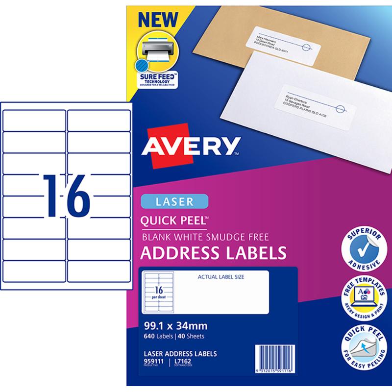 Avery Quick Peel Address Labels L7162 White 99.1x34 16up 40 Sheets