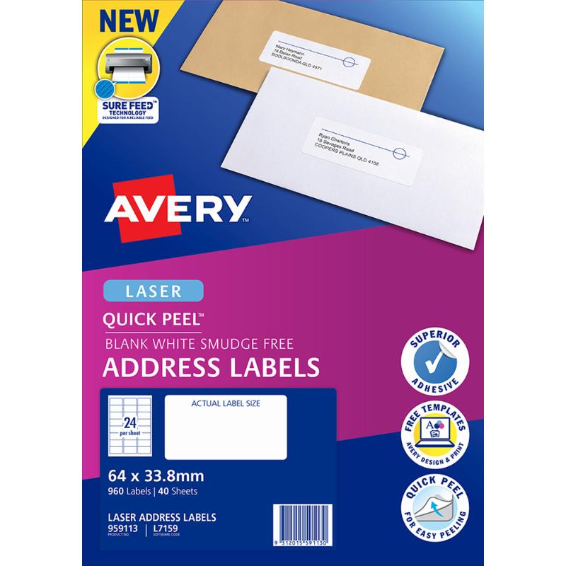 Avery Quick Peel Address Labels L7159 White 64x33.8 24up 40 Sheet