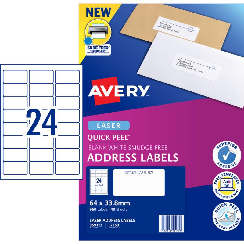 Avery Quick Peel Address Labels L7159 White 64x33.8 24up 40 Sheet